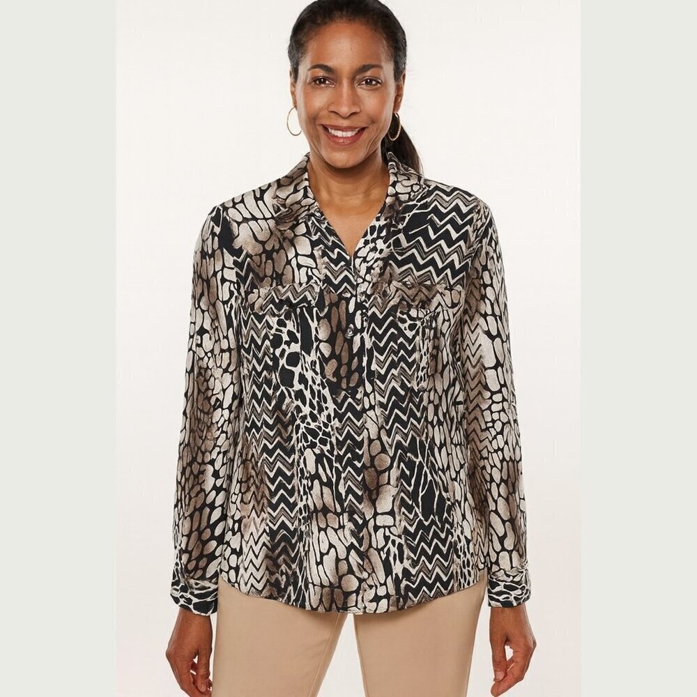 Chico's Long Sleeve Brown and Ivory 100% Silk Blouse Women's Sz 2